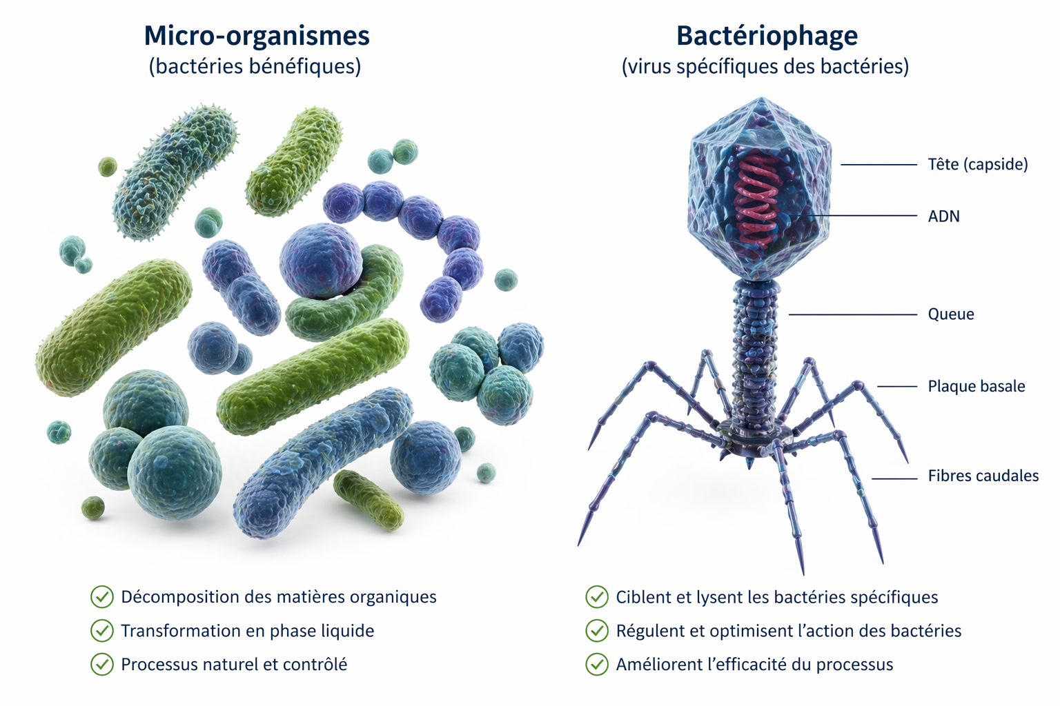 Schéma des micro-organismes et bactériophages utilisés dans le principe AQUA