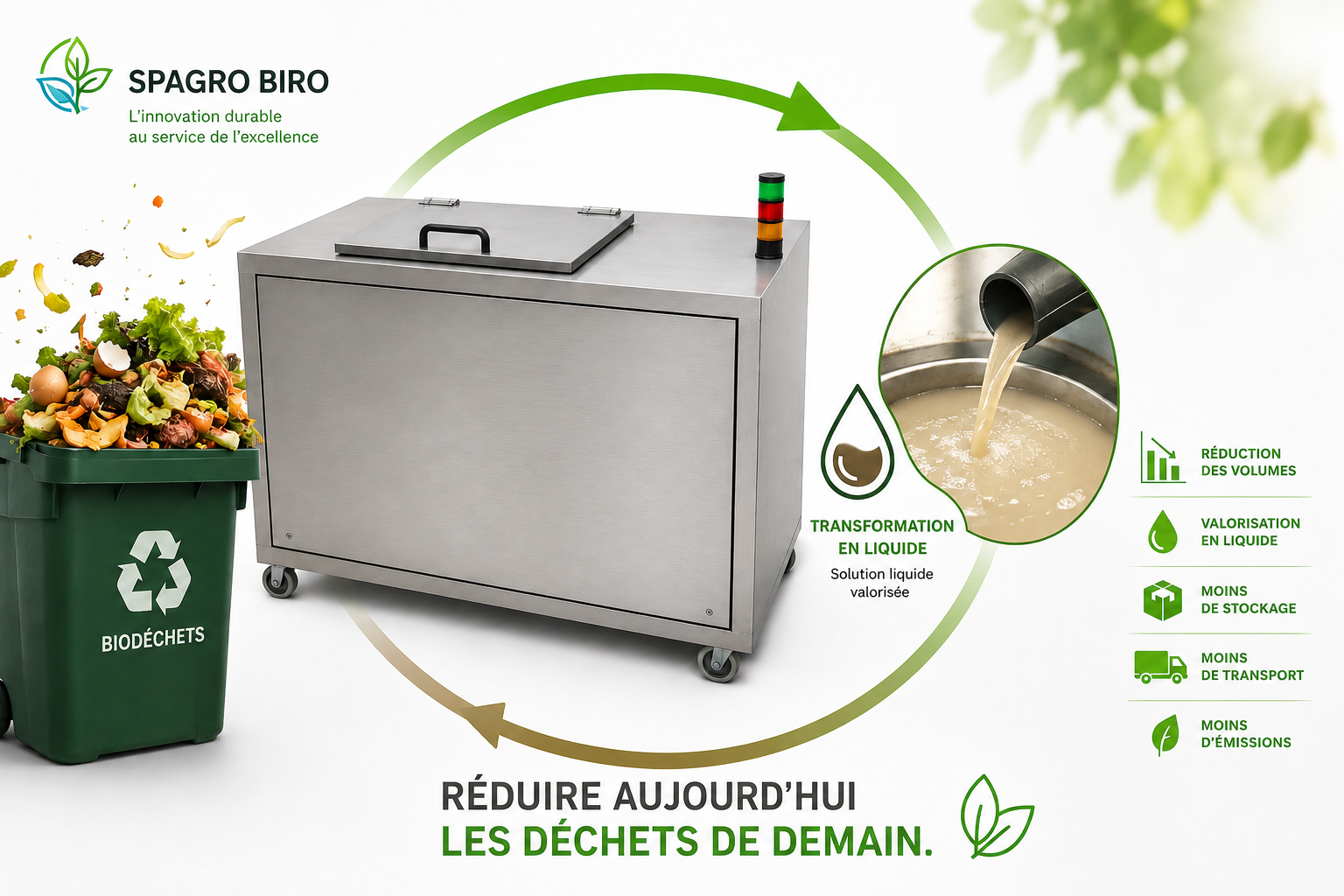Infographie BioProcess Solutions : transformation des biodéchets en phase liquide valorisée, avec réduction des volumes, du stockage, du transport et des émissions