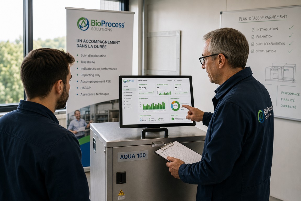 Équipe BioProcess Solutions présentant le plan d’accompagnement devant un tableau de bord d’exploitation