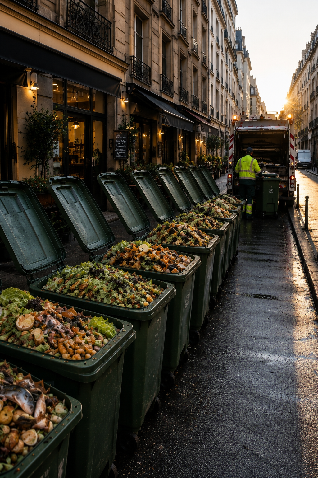 Biodéchets alimentaires en attente de collecte sur une rue commerçante